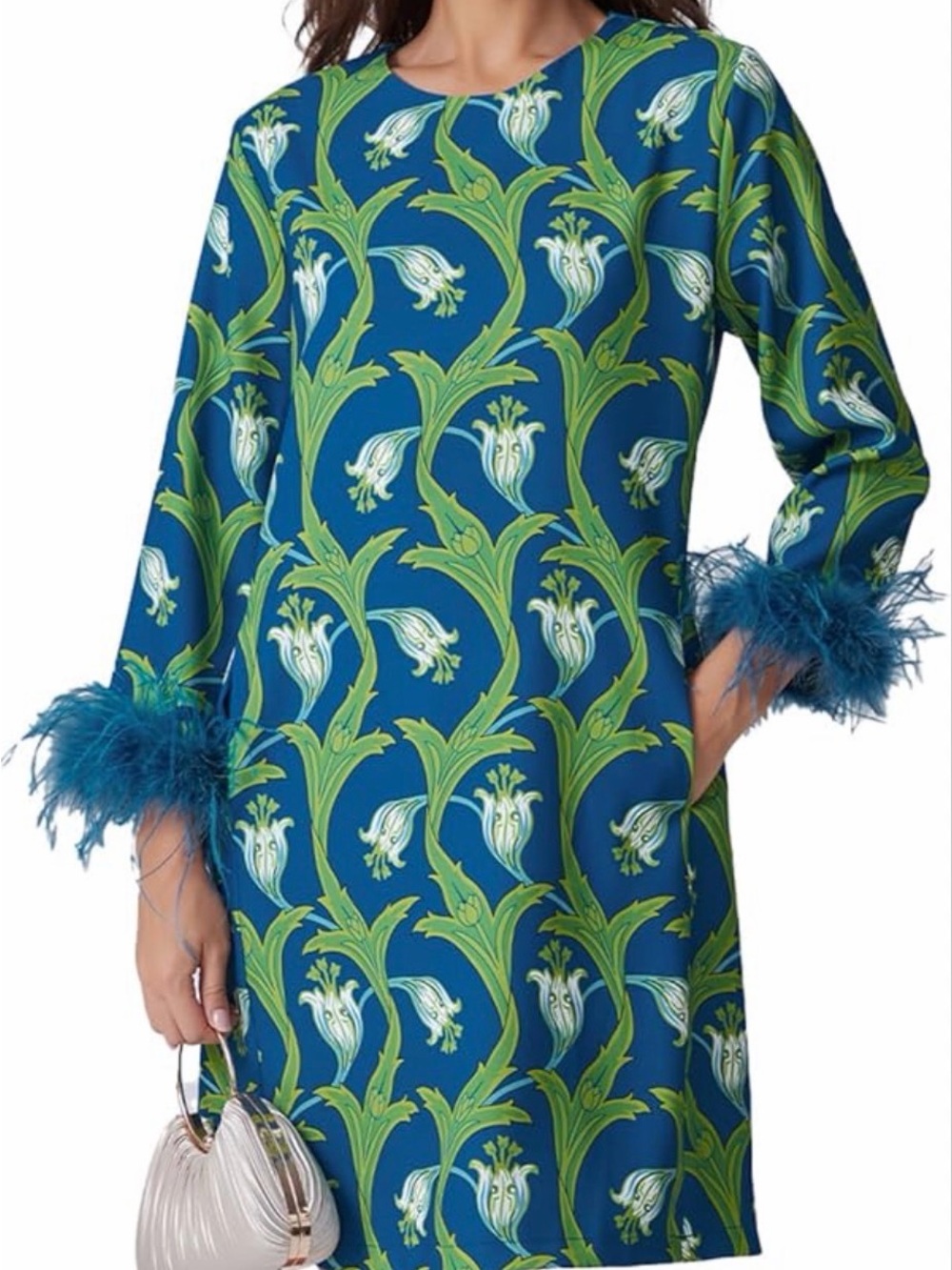 Blue & Green Floral Feather Cuff Shift Dress